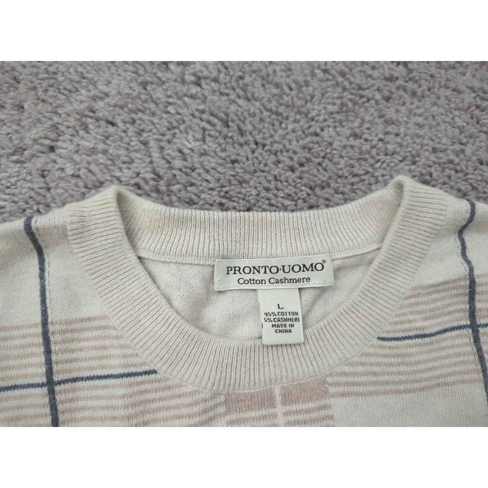 Pronto Uomo Sweater‎ Mens Large Beige Plaid Cotton 5% Cashmere Crewneck Pullover